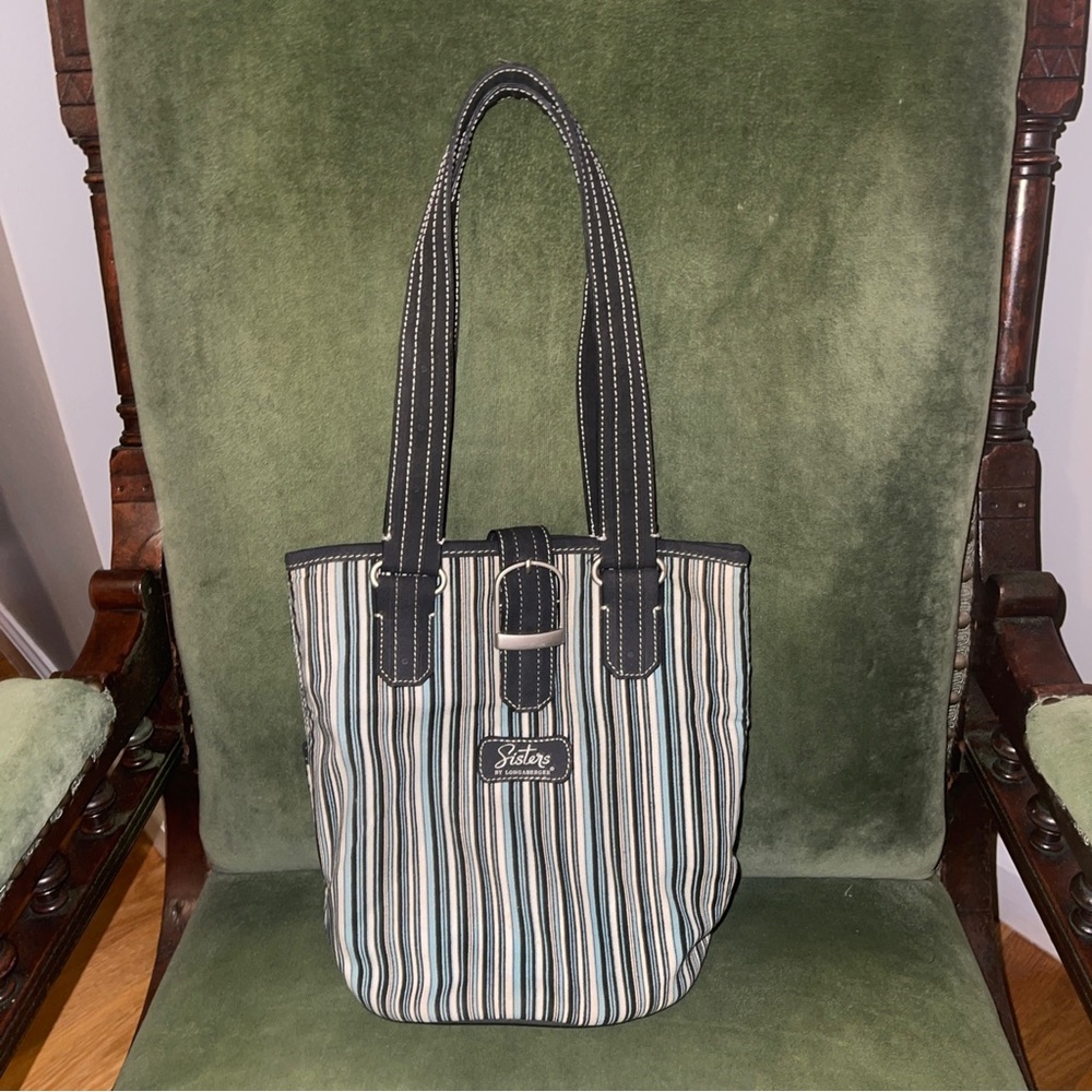 Sisters by Longaberger Small Blue Gray Striped 2 Handled Bucket  Tote